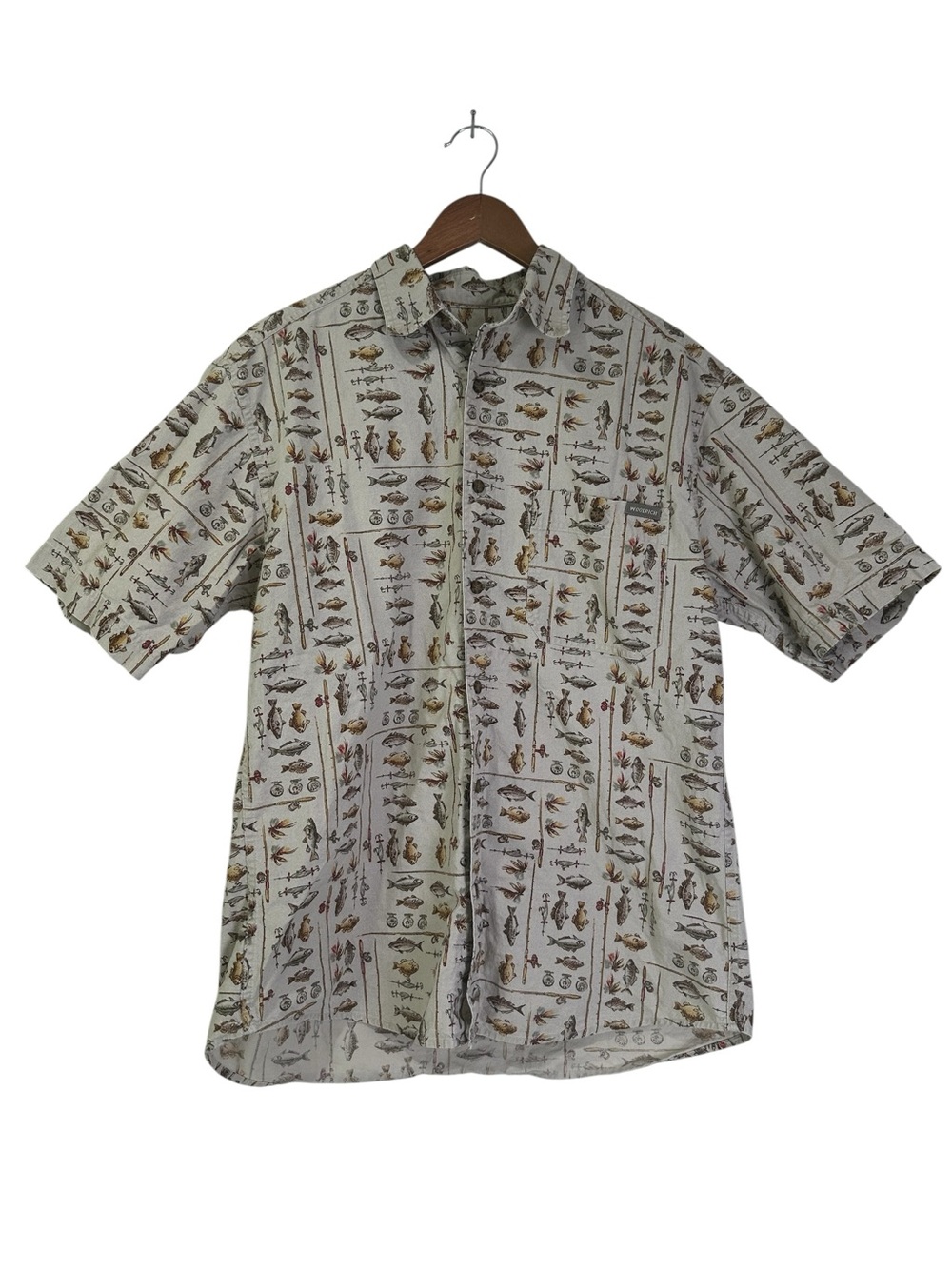 Vintage Woolrich Men’s L All Over Fish Lure Print Short Sleeve Button Shirt